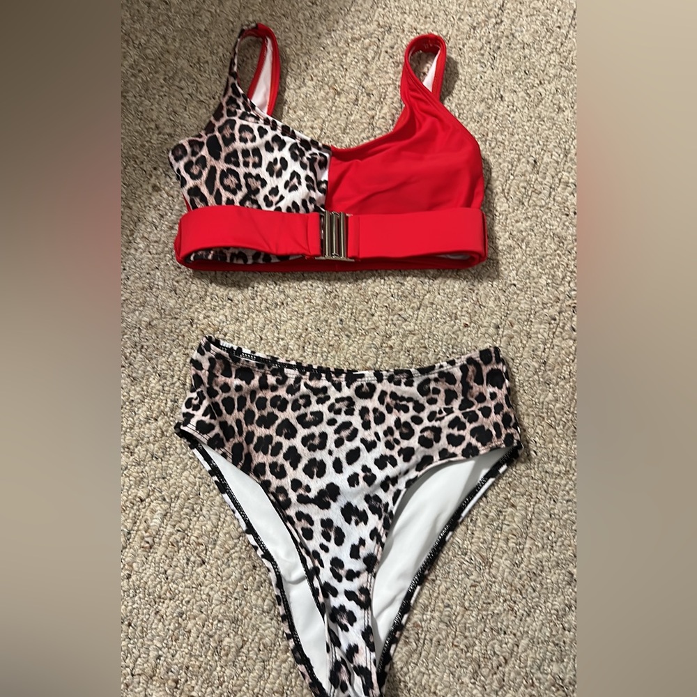 Red and leopard bikini set